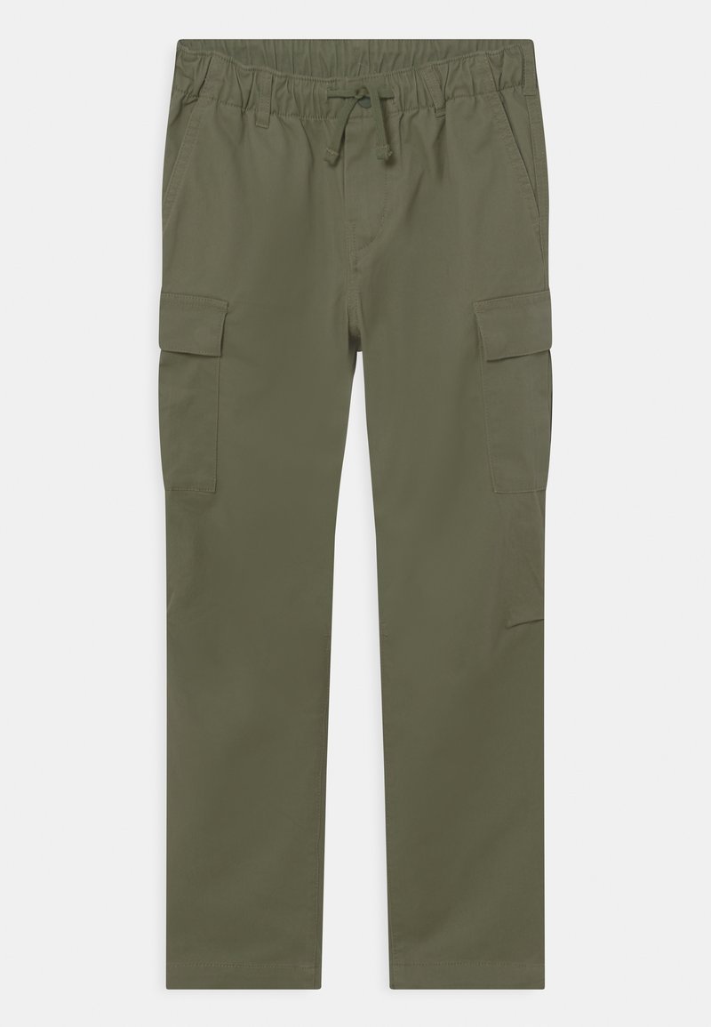 Olive green cargo pants with elastic waistband, drawstring, side flap pockets, and straight legs against white background.