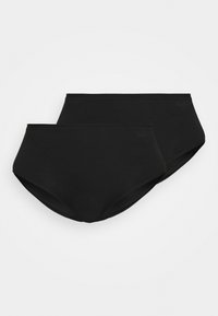 Svart bomullsunderbukser, en større og en mindre, med glatt tekstur og elastisk linning. Ingen synlige mønstre. Klassisk høy-skjært design.