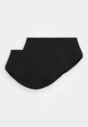 Mustat puuvillaboksit, yksi suurempi ja yksi pienempi, sileällä pinnalla ja joustavalla vyötärönauhalla. Ei näkyviä kuvioita. Klassinen korkeavartinen muotoilu.