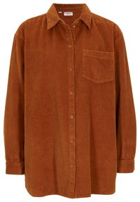 Chemise en velours côtelé marron avec des côtes verticales, col classique, fermeture à boutons, poche poitrine unique et poignets à boutons.