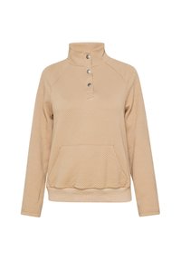 Beige pulóver magas gallérral, három gombos nyakkal, elülső zsebbel, texturált geometrikus mintával, valamint bordázott aljjal és mandzsettával.