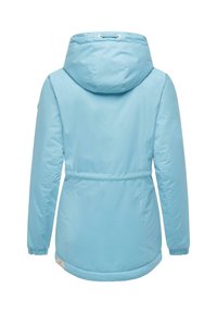 Light blue, hooded jacket with a cinched waist, elastic cuffs, and smooth texture. Features a drawstring in the hood for adjustable fit.
