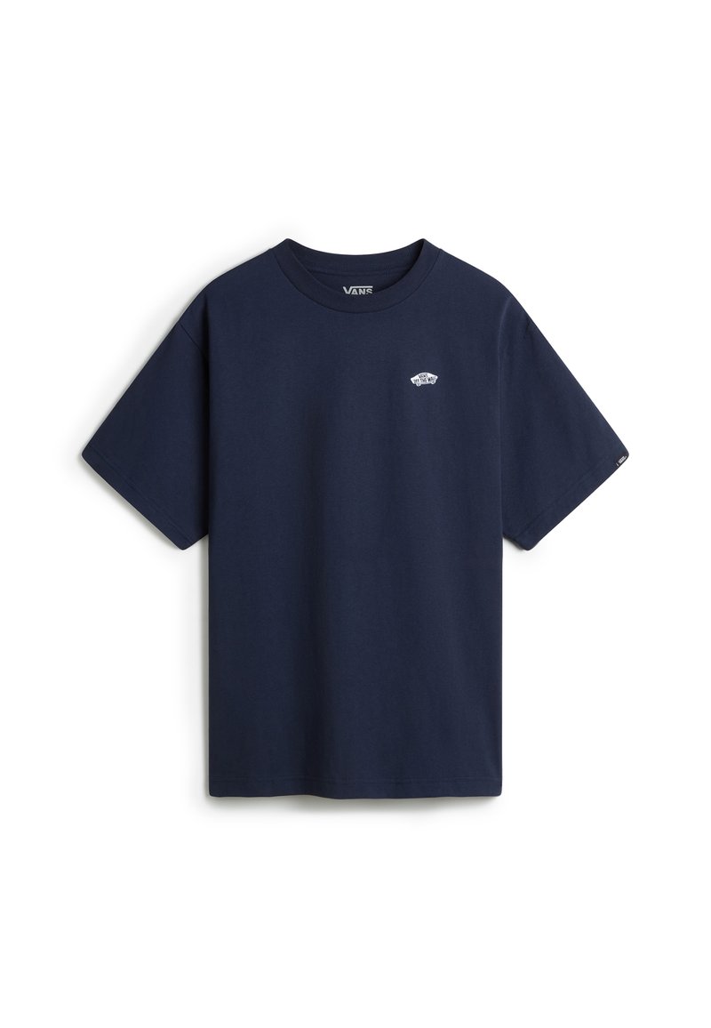 Marineblauw katoenen T-shirt met een ronde hals en korte mouwen. Heeft een klein wit Vans-logo op het linker borstgedeelte.