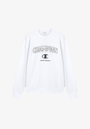 Sudadera blanca de algodón con un audaz logo "CHAMPION" en negro con efecto sombra, cuello redondo y puños y dobladillo acanalados.