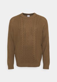 Hnědý pletený svetr s texturovaným vzorem copánků, kulatým výstřihem a žebrovanými manžetami. Vyrobený z měkké látky, nabízí pohodlný design.