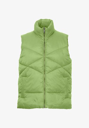 Heled roheline puffjakker, millel on kõrge krae, horisontaalne ja diagonaalne tikandimuster ning keskmine tõmblukk. Sile, polsterdatud tekstuur.