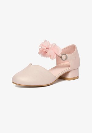 Rosa Kleinkind-Schuh mit niedrigem Blockabsatz, floralem Tüllknöchelriemen und Strass-Steinschnalle.