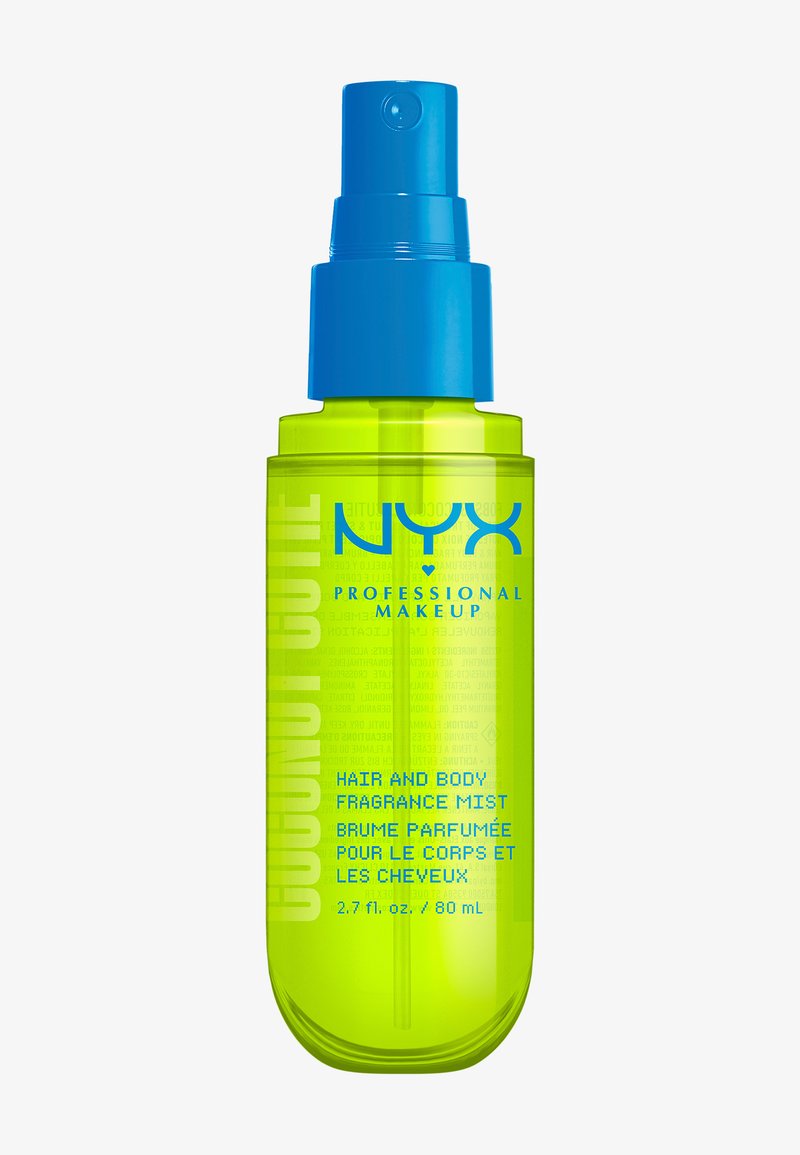 Gulgrön sprayflaska med blå munstycke märkt NYX Professional Makeup Hair and Body Fragrance Mist 80 ml.