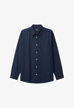 Tengerészkék hosszú ujjú ing könnyű anyagból, klasszikus gallérral és fehér gombokkal az elején. Laza szabású.