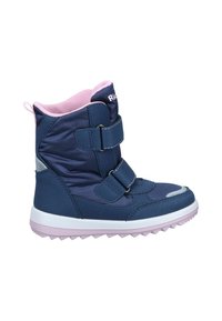 Navy blue children’s boots with two Velcro straps, pink lining, and white sole with textured grip. Features a shiny grey accent on the toe.