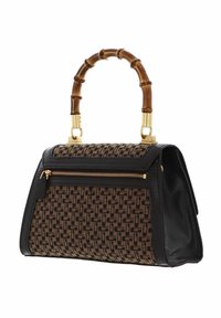 Borsa a tracolla marrone e nera con motivi, lati in pelle nera, tasca con zip dorata e manico curvo in stile bambù.