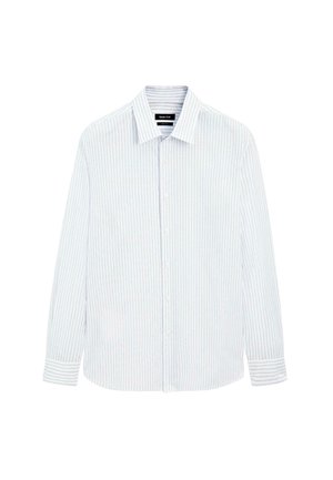 Camicia a maniche lunghe a righe blu chiaro e bianco, in cotone, con bottoni frontali, colletto classico, dalla texture e vestibilità morbida.