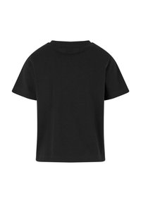 Effen zwarte t-shirt met korte mouwen, gezien van de achterkant, met een ronde halslijn, tegen een witte achtergrond.