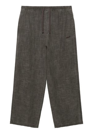 Dunkelgraue Hose mit weitem Bein, elastischem Bund und Kordelzug, mit dezent strukturiertem Muster und kleinem gesticktem Logo am rechten Oberschenkel.