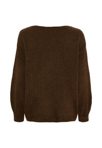 Brun stickad tröja med löst fall, bred halsringning och sänkta axlar. Texturerad tyg med ribbade kanter vid ärmslut och nederkant.