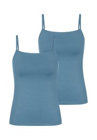 Deux camisoles bleues sans manches en tissu doux et extensible. Elles ont des bretelles fines et un design ajusté, sans motifs visibles.