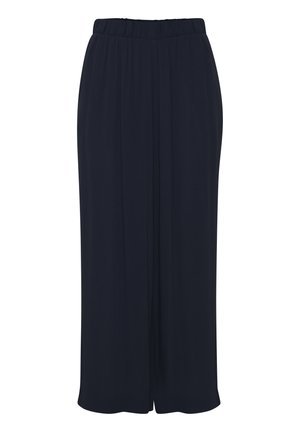 Luchtige marineblauwe culottes van lichte stof, met een elastische tailleband en een wijde pijpdesign met zachte plooien voor extra bewegingsvrijheid.