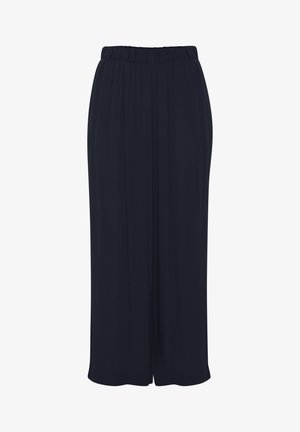 Lágy, tengerészkék culottok, könnyű anyagból készült, rugalmas derékkal és széles szárakkal, lágy pliszírozással a szabadabb mozgás érdekében.