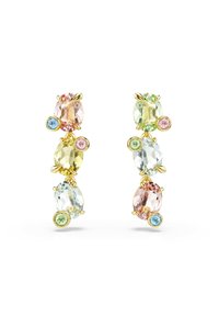 Gold-tone earrings featuring multicolored oval gemstones: pink, yellow, green, and blue, with small accent stones and prong settings.