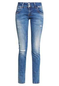 Jeans ajustados en denim azul desgastado, con dos bolsillos delanteros, una rodilla desgastada y cierre de doble botón en la cintura.