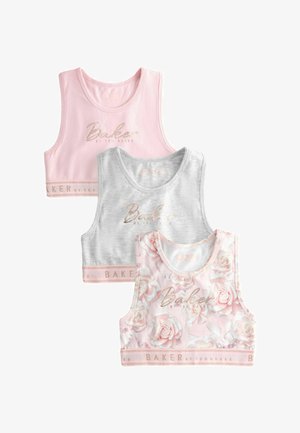 Tres tops sin mangas para jóvenes en rosa, gris y rosa con flores, todos con el texto "Baker by Ted Baker" en el frente y bandas elásticas en el dobladillo.