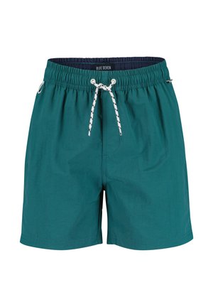 Blaugrüne Badehose mit elastischem Bund, weißem und schwarzem Kordelzug, Seitentaschen und "BLUE SEVEN"-Etikett an der Innenseite des Bundes.