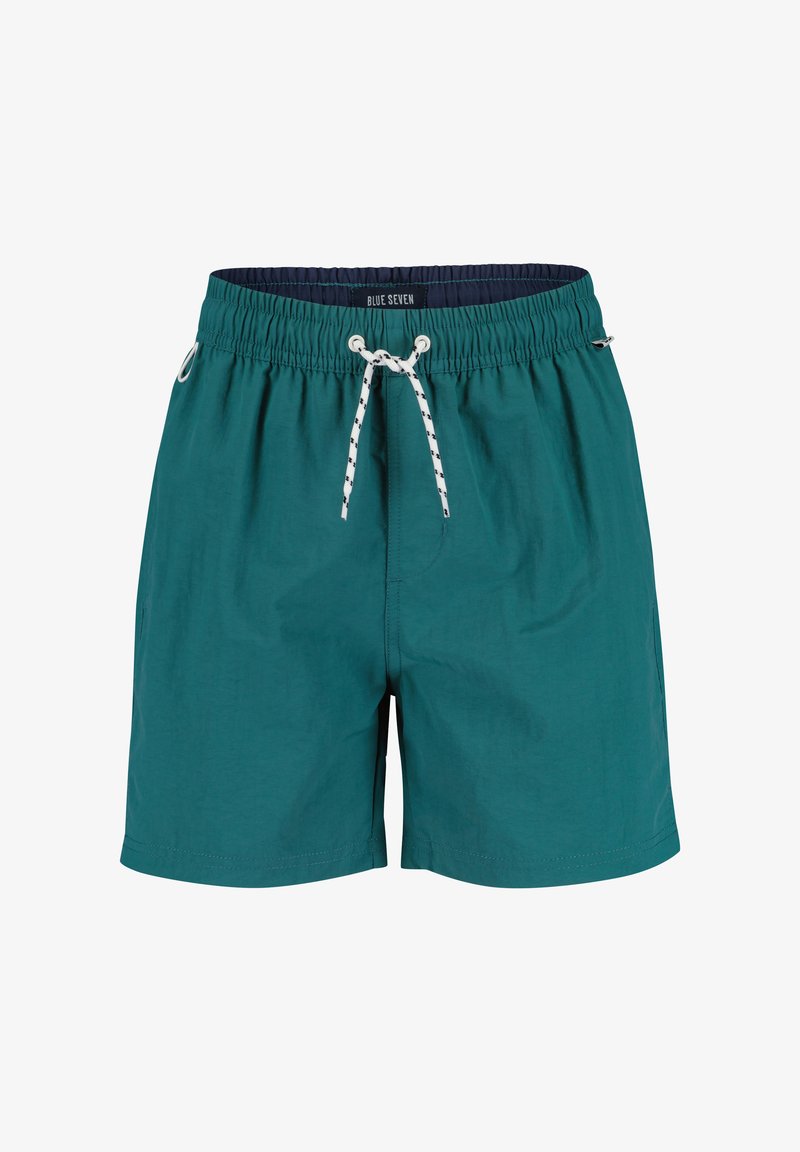 Shorts de bain élastiques taille émeraude avec cordon de serrage blanc et noir, poches latérales, et étiquette "BLUE SEVEN" à l'intérieur de la ceinture.