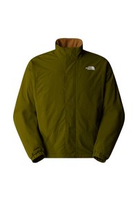 Giacca isolante verde oliva con colletto alto, polsini elasticizzati e logo The North Face sul lato sinistro del petto.