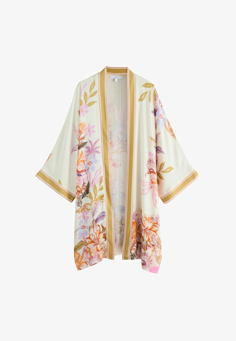 Cremefarbener Kimono mit weiten Ärmeln, gelbem Saum und Blumenmustern in Orange, Pink, Lila und Grün auf Vorderseite und Ärmeln.