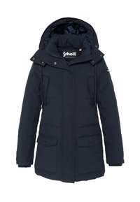 Granatowa, ocieplana parka na zimę z kapturem, z zamkiem błyskawicznym z przodu, dwoma kieszeniami na piersi i dwiema kieszeniami z klapką zapinanymi na guziki w talii.