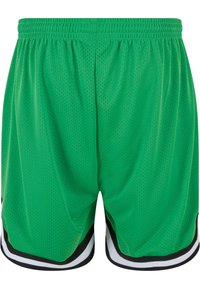 Groene mesh korte broek met een elastische tailleband, voorzien van zwarte en witte zijstrepen. Lichtgewicht en ademend materiaal met een gestructureerde afwerking.
