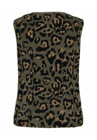 Fleece stof met luipaardprint in gedempte groene kleur, met zwart en lichtbruine patronen. Zachte textuur, afgeronde halslijn, aansluitende pasvorm.