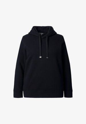 Czarna bluza z kapturem wykonana z miękkiego materiału, z kieszenią kangurką z przodu, regulowanymi sznurkami oraz ściągaczami u mankietów i u dołu.