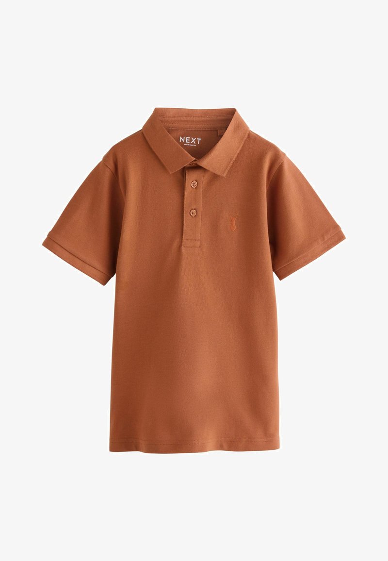Polo shirt marrone in cotone, con colletto, placket a due bottoni, maniche corte e un piccolo logo ricamato sul petto.