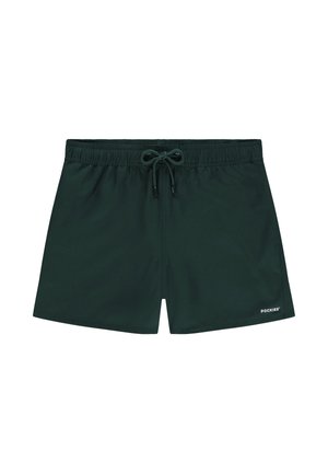 Mørkegrønne badeshorts med elastisk linning og snøre foran, med en lille hvid "Pockies"-logo på venstre ben.