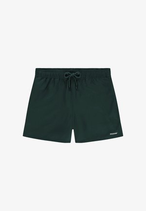 Donkergroene zwembroek met elastische tailleband en voorste koord, met een klein wit "Pockies" logo op het linkerbeen.
