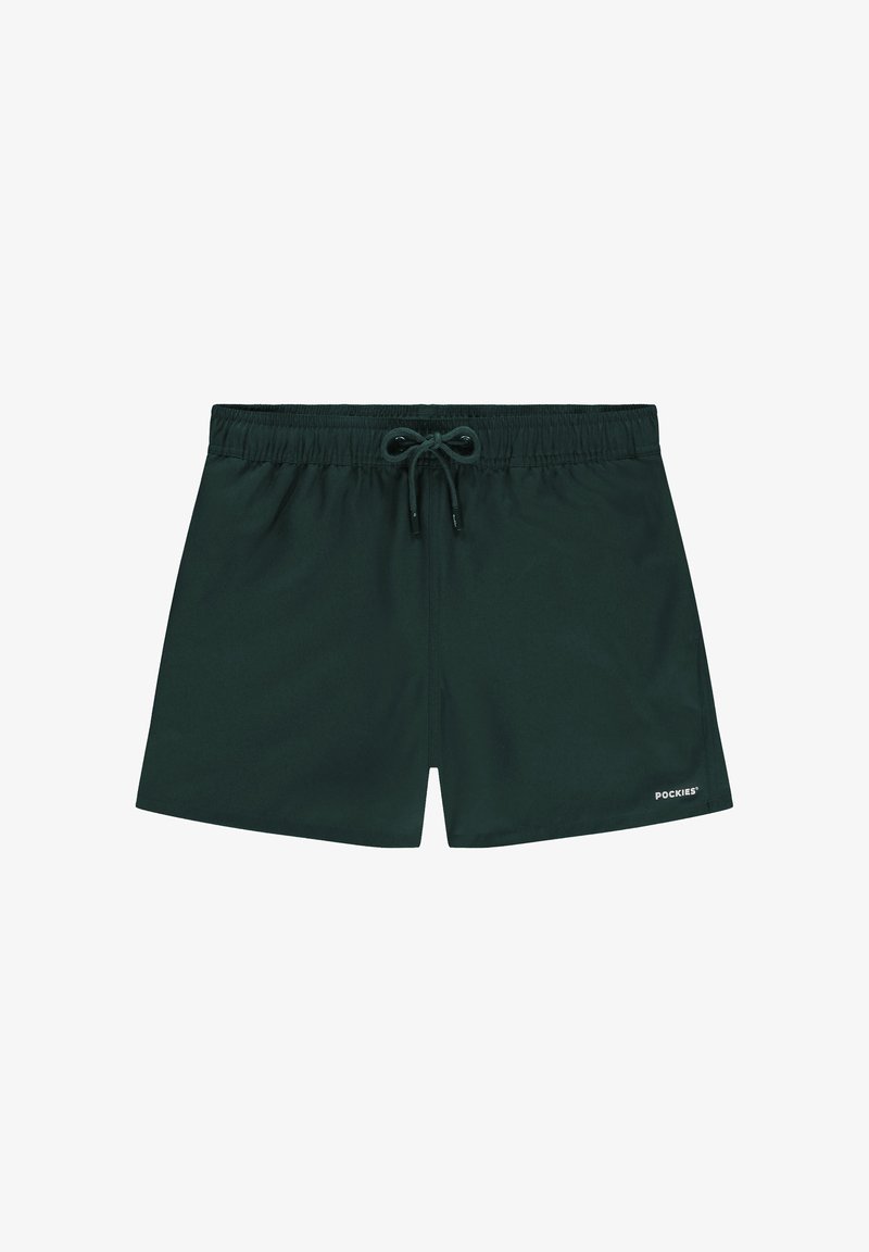 Shorts de bain vert foncé avec taille élastique et cordon de serrage à l'avant, arborant un petit logo blanc "Pockies" sur la jambe gauche.