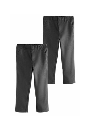 Two pairs of dark gray straight-leg pants with front pockets and belt loops, displayed side by side on a white background.