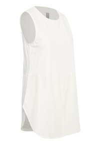 Top bianco senza maniche con scollatura rotonda, caratterizzato da una chiusura con bottoni sul davanti e un orlo asimmetrico. Tessuto di cotone morbido.