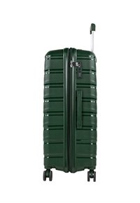 Maleta rígida de color verde oscuro con asa extensible, asa lateral, cuatro ruedas y cierre de combinación integrado sobre fondo blanco.