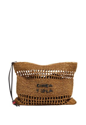 Bruine geweven clutch met open gebreid patroon en trekkoordsluiting met zwarte band en rode kraal.