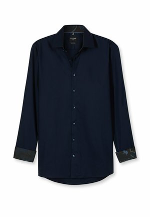 Navy blue long-sleeve shirt with a spread collar, front button closure, and patterned cuffs featuring dark green and blue accents.