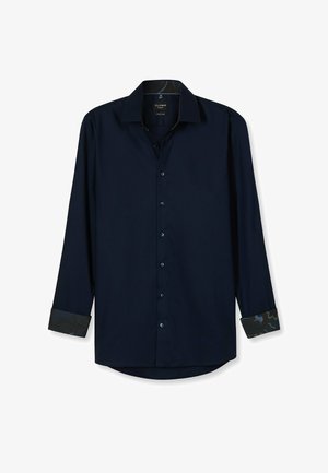 Navy blue long-sleeve shirt with a spread collar, front button closure, and patterned cuffs featuring dark green and blue accents.