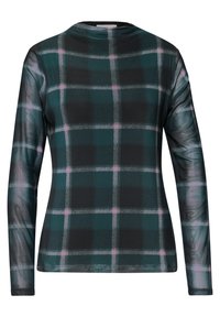 Haut à manches longues avec motif à carreaux vert, noir et rose clair et col rond, vu de dos.