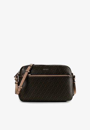 Bruine gestructureerde handtas met een geometrisch patroon, voorzien van een afneembare riem en een ritssluiting. Accentueert met lichtbruine details.