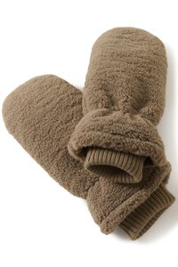 Moufles en polaire brunes avec poignets côtelés en tricot, conçues pour la chaleur et le confort, posées en chevauchement sur un fond blanc.