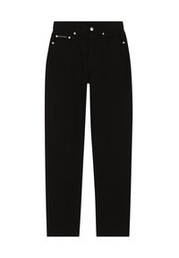 Jeans negros de denim, con un diseño de corte recto, botones de metal y una marca distintiva en la cinturilla.