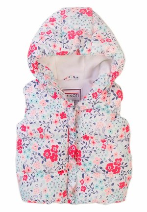 Veste bébé à capuche avec motif floral rose, rouge et bleu sur fond blanc, doublure douce et fermeture à boutons sur le devant.