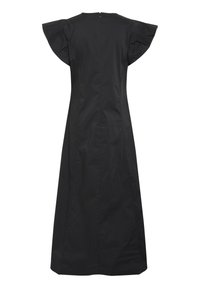 Črna obleka s krilastimi rokavi, do kolen, izdelana iz lahkega materiala, z skritim zadrgo na hrbtu. Gladka tekstura, minimalističen dizajn.