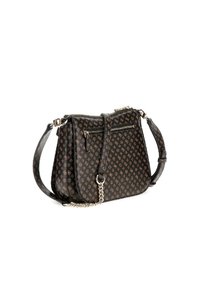 Borsa a spalla sintetica nera con un motivo monogramma marrone, dotata di chiusura con zip, tracolla regolabile e un accento di catena.